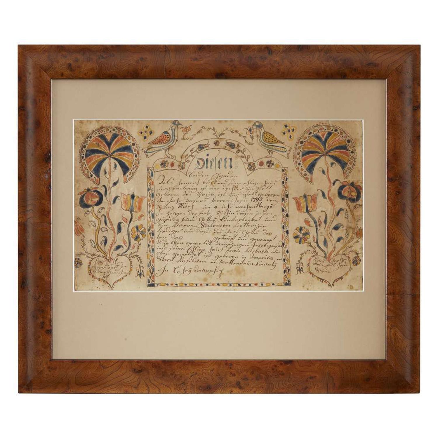 Two frakturs: two birth and baptismal records one Fraktur Columbia County, PA, late 18th and early 19th century