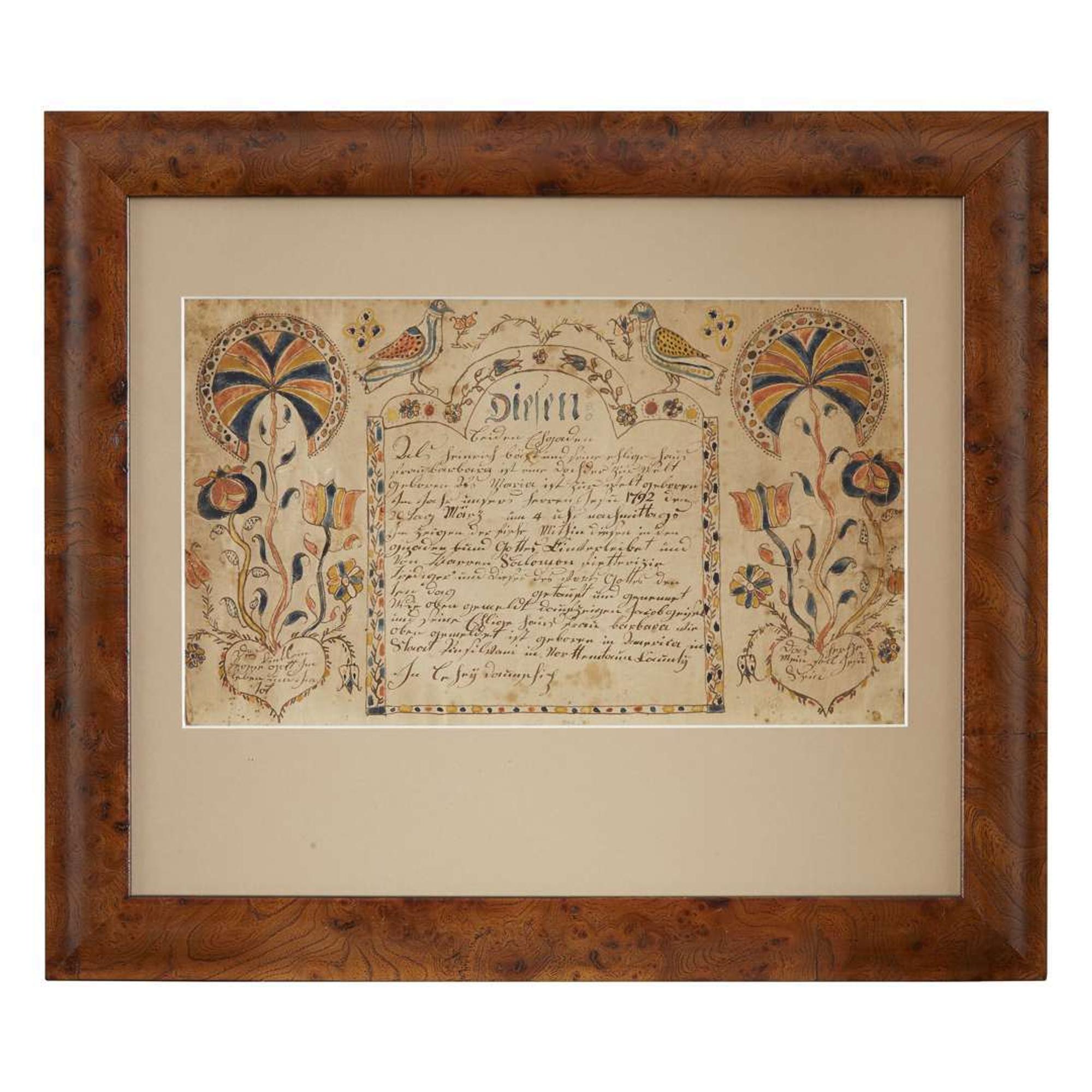 Two frakturs: two birth and baptismal records one Fraktur Columbia County, PA, late 18th and early 19th century
