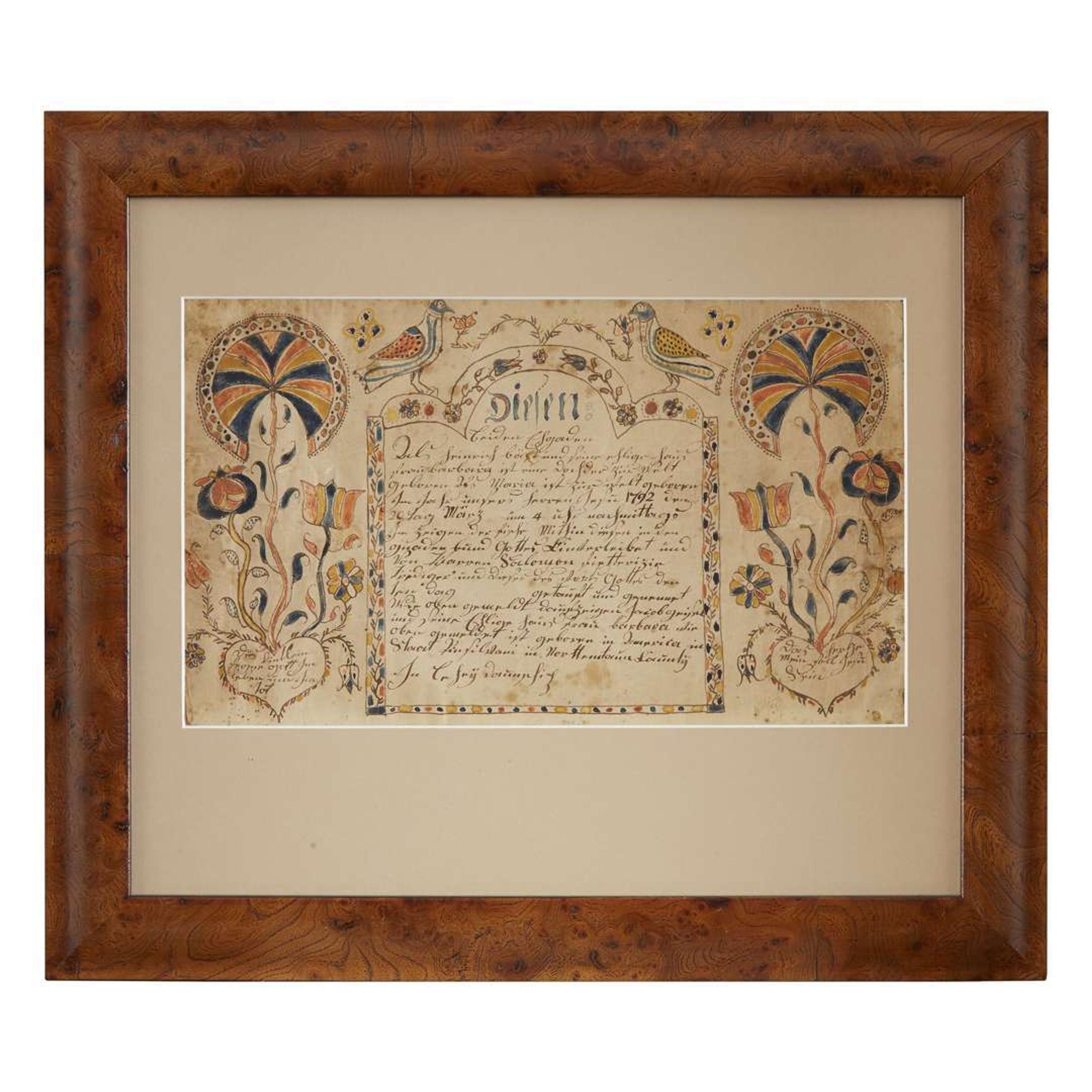 Two frakturs: two birth and baptismal records one Fraktur Columbia County, PA, late 18th and early 19th century