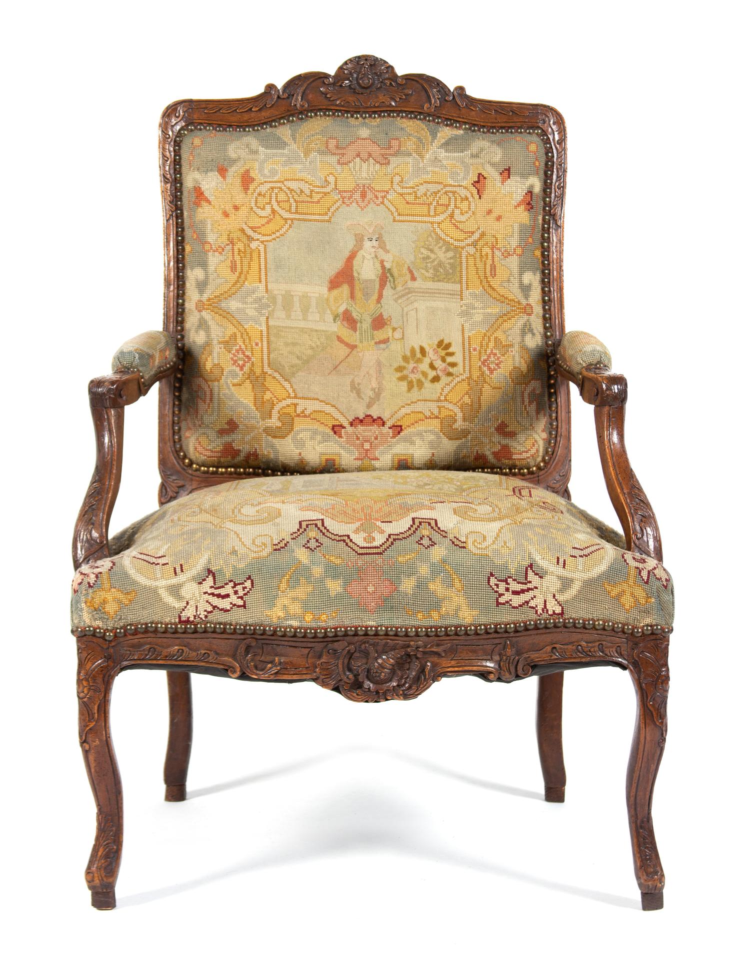 Three French Needlepoint Upholstered Fauteuils Height of taller 45 inches. — 19TH CENTURY