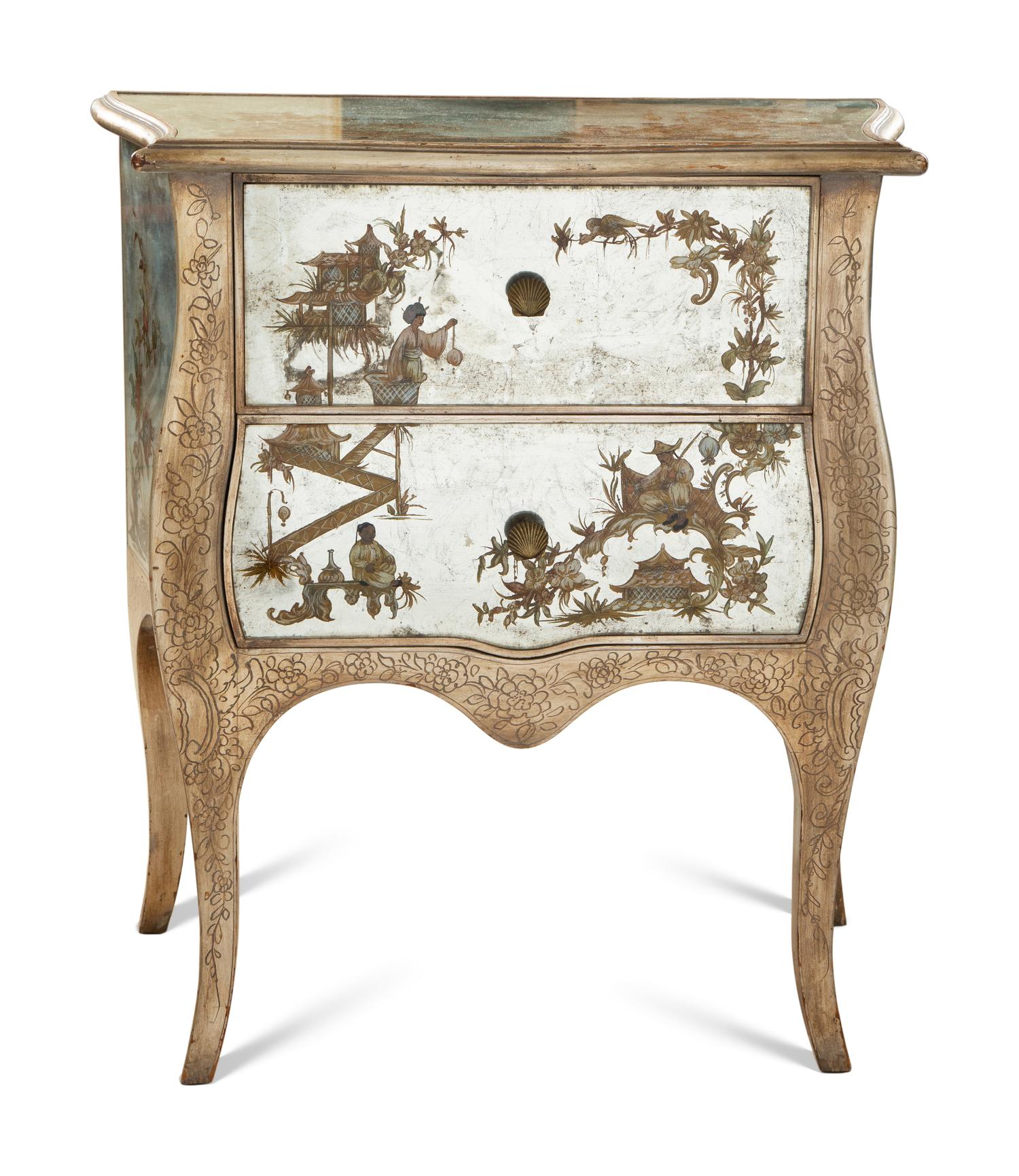A Reverse Painted and Silver-Leafed Glass Veneered Commode