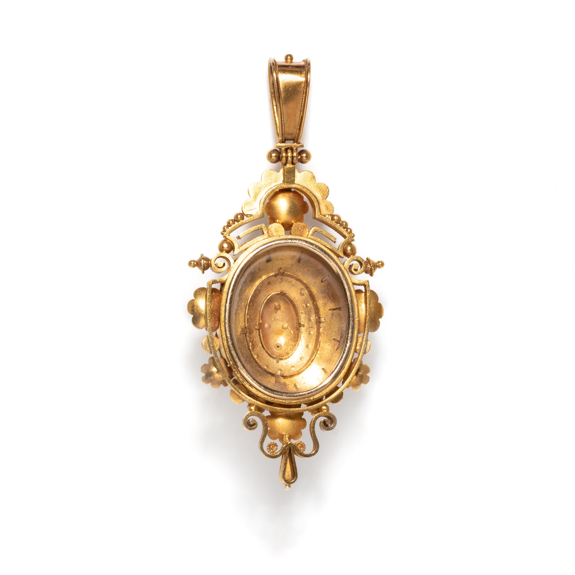 ETRUSCAN REVIVAL, YELLOW GOLD, AGATE, DIAMOND AND PEARL PENDANT