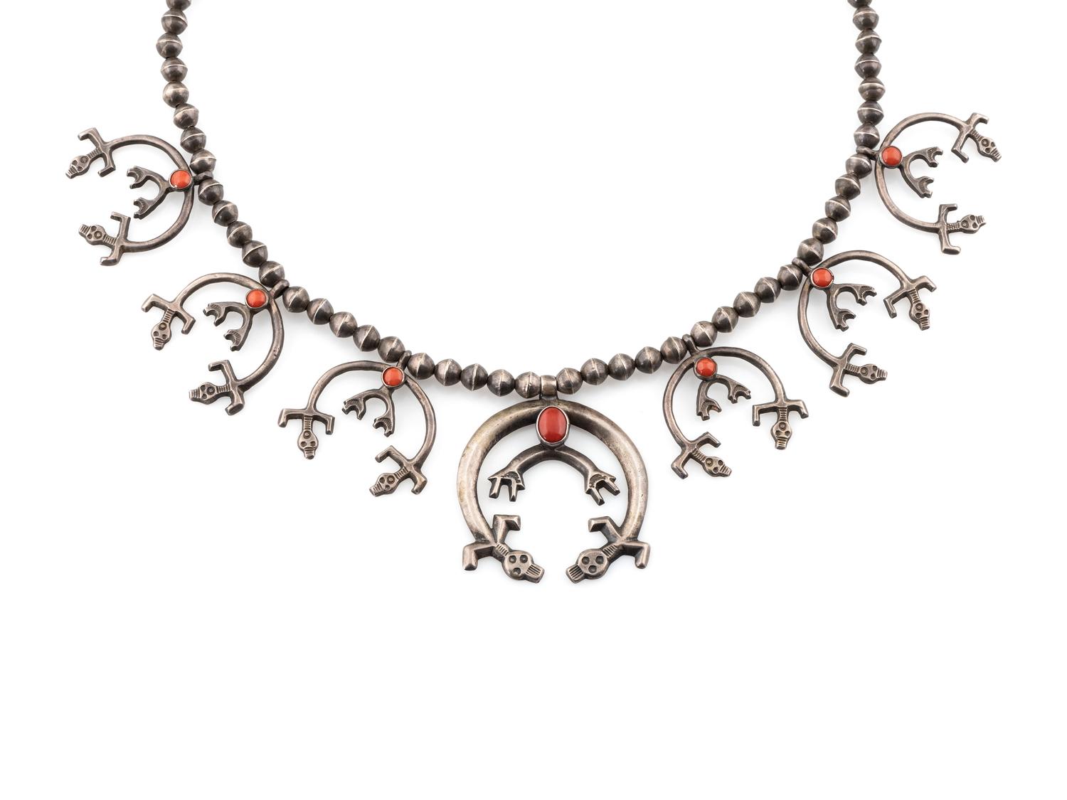 Navajo Rainbow Man Silver and Coral Squash Blossom Necklace
