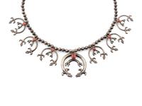 Navajo Rainbow Man Silver and Coral Squash Blossom Necklace