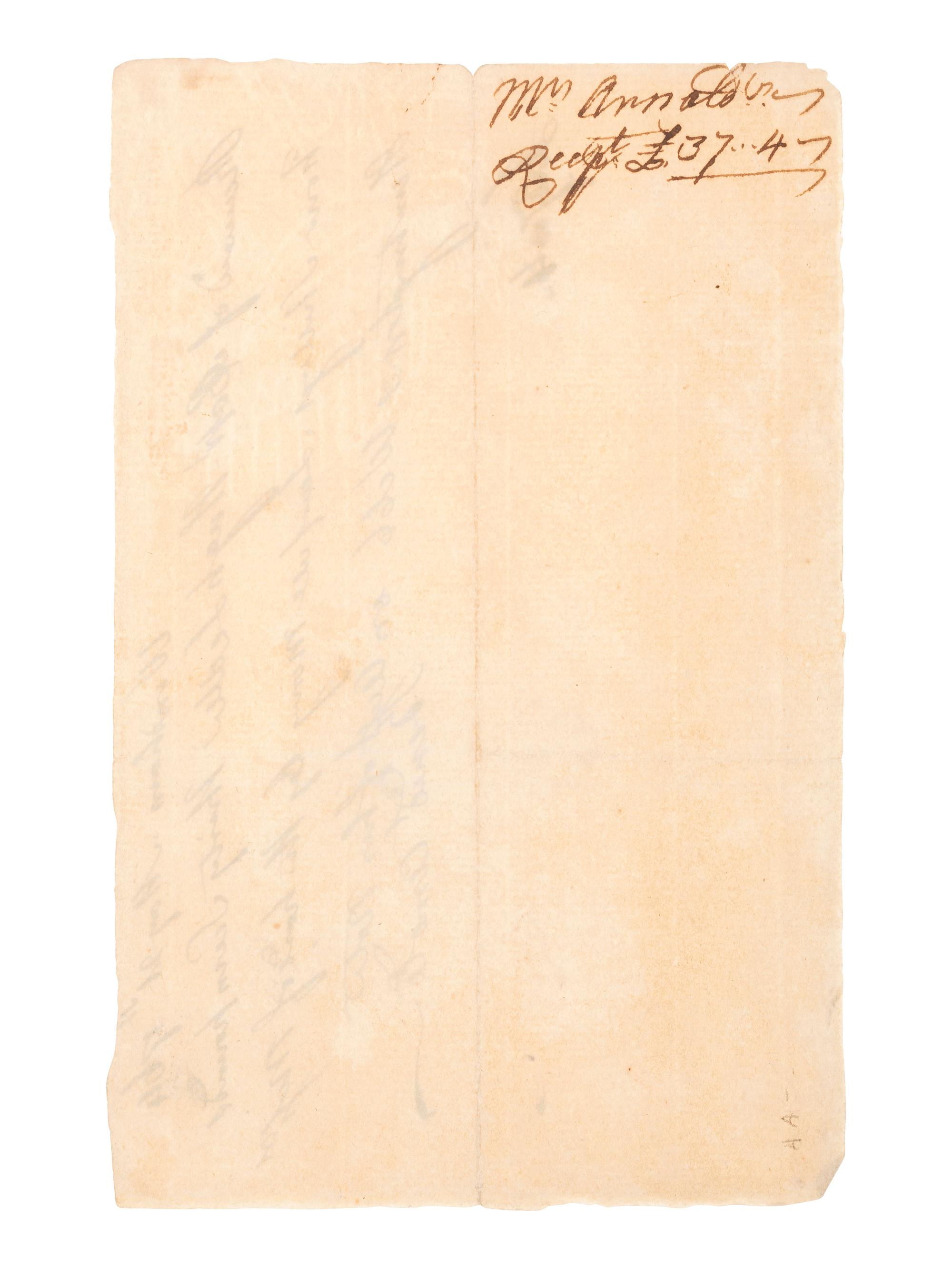 ARNOLD, Benedict (1741-1801). Receipt signed ("Benedt. Arnold"), and issued to a future member of the Connecticut Sons of Liberty. Windham [CT], 21 May [1]764.