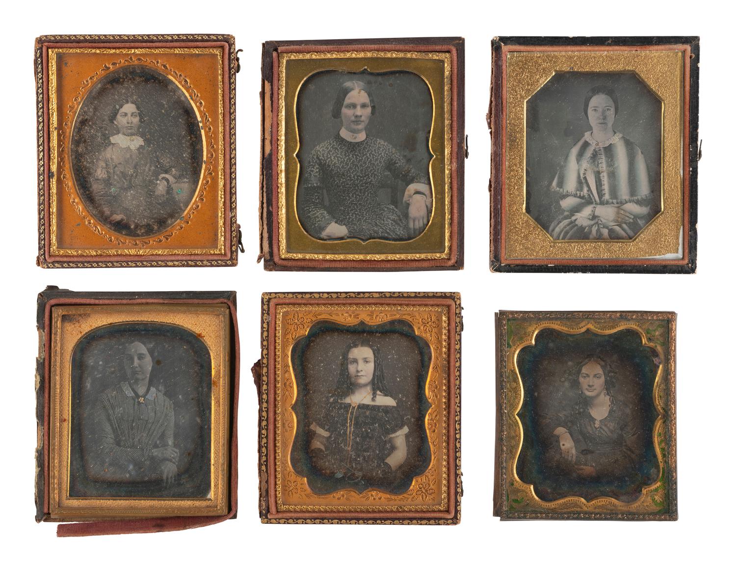 [EARLY PHOTOGRAPHY]. 22 sixth plate daguerreotypes of women wearing jewelry and accessories.