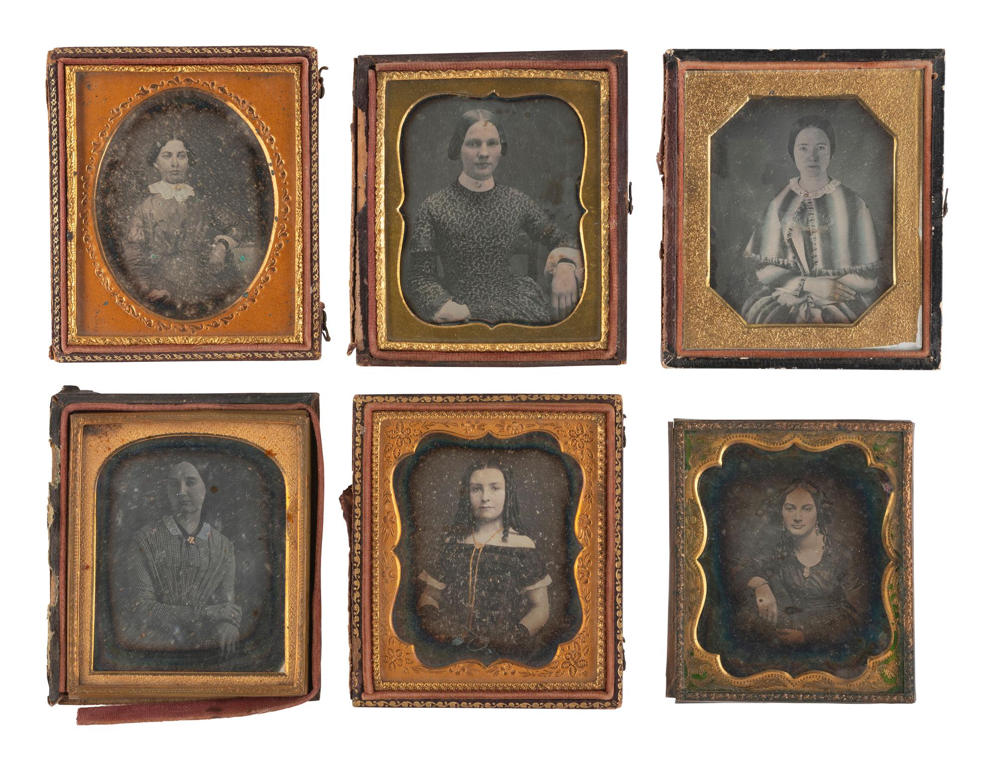 [EARLY PHOTOGRAPHY]. 22 sixth plate daguerreotypes of women wearing jewelry and accessories.