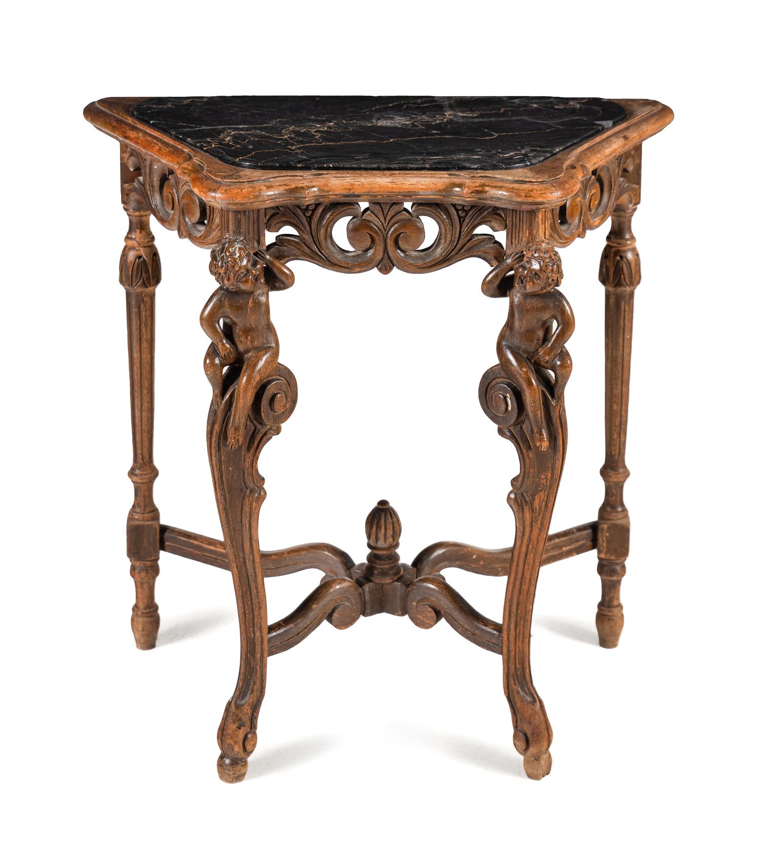 A Continental Carved Oak Marble-Top Console Table