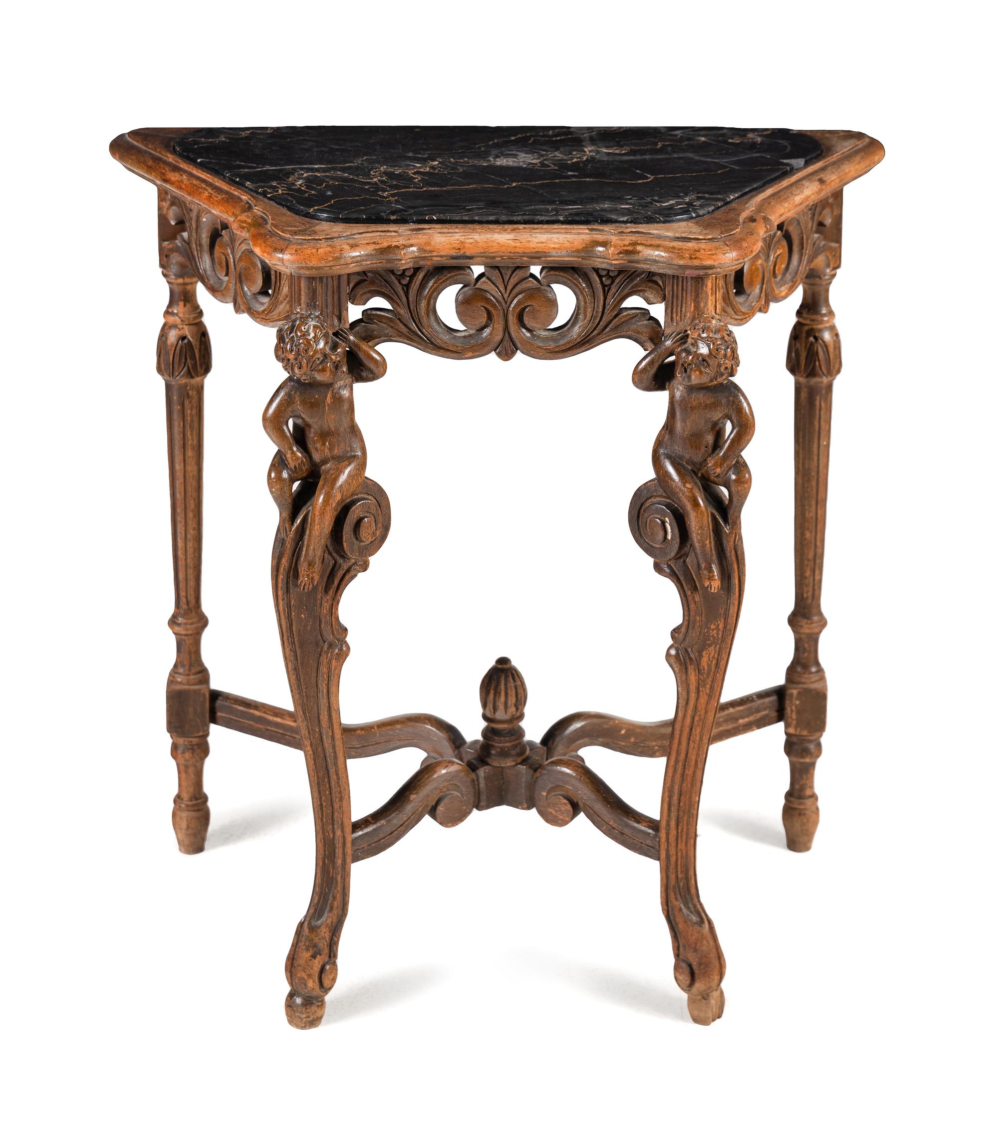 A Continental Carved Oak Marble-Top Console Table