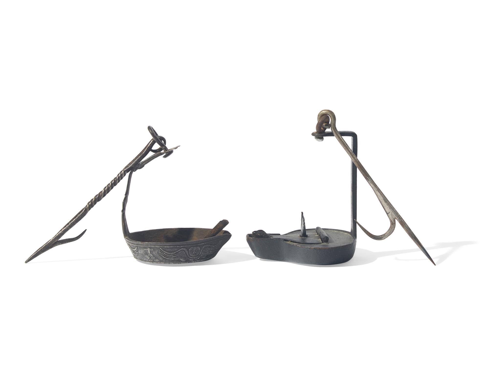 Two Wrought Iron Fat Lamps