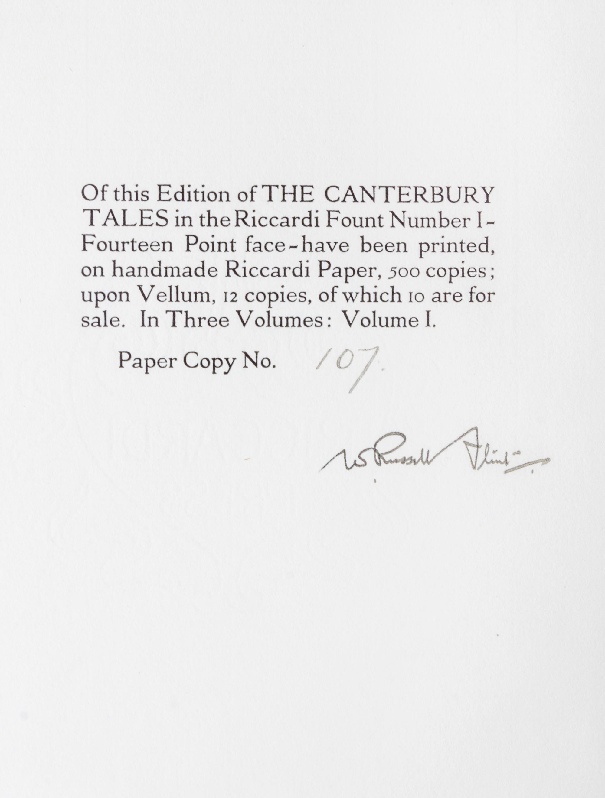 (FLINT, WILLIAM RUSSELL) CHAUCER, GEOFFREY . The Canterbury Tales. London, 1913. Limited edition number 107 of 500 copies. 3 vols.