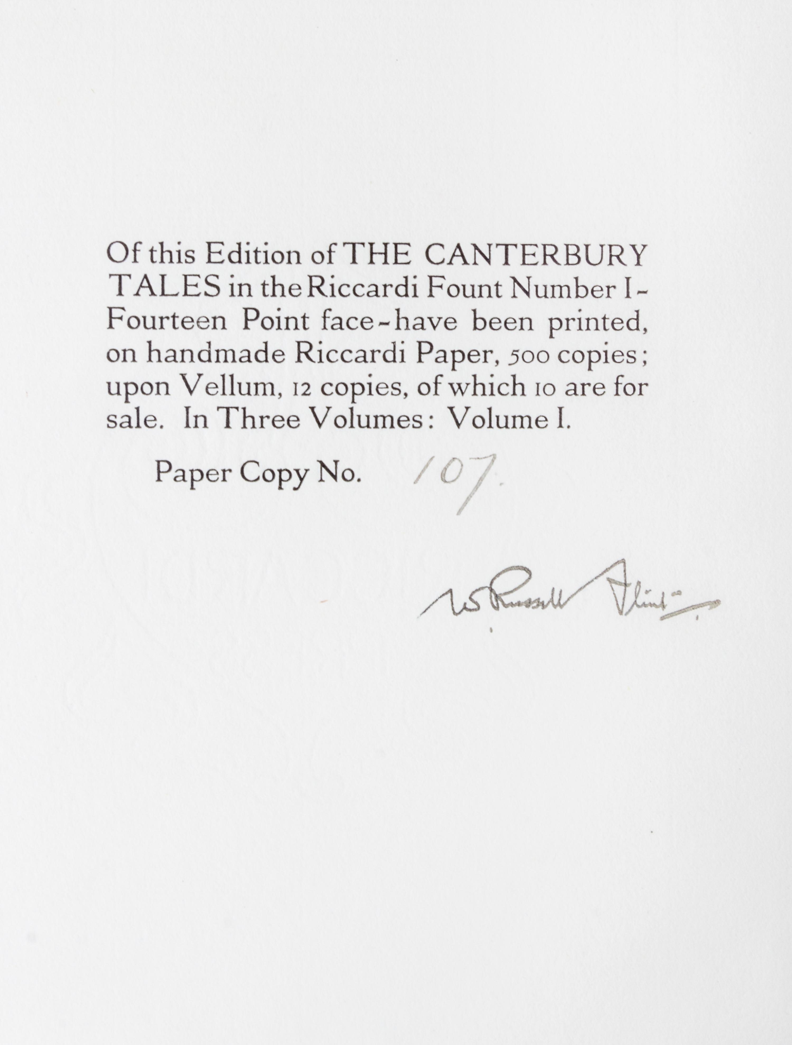 (FLINT, WILLIAM RUSSELL) CHAUCER, GEOFFREY . The Canterbury Tales. London, 1913. Limited edition number 107 of 500 copies. 3 vols.