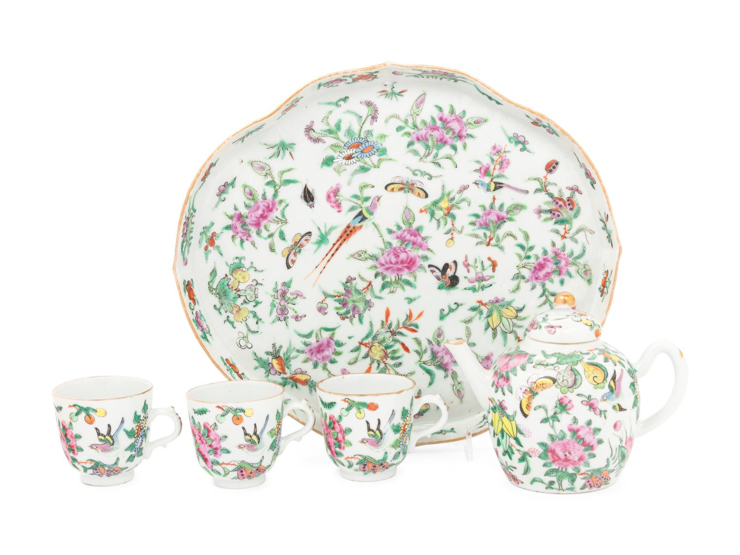 A Five-Piece Famille Rose Porcelain 'Butterfly' Tea Set