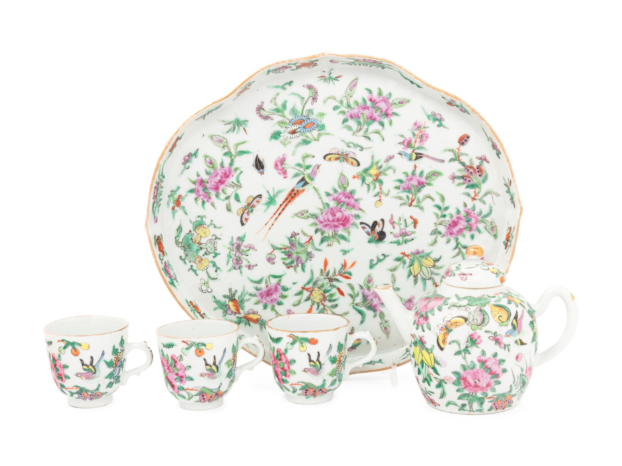 A Five-Piece Famille Rose Porcelain 'Butterfly' Tea Set