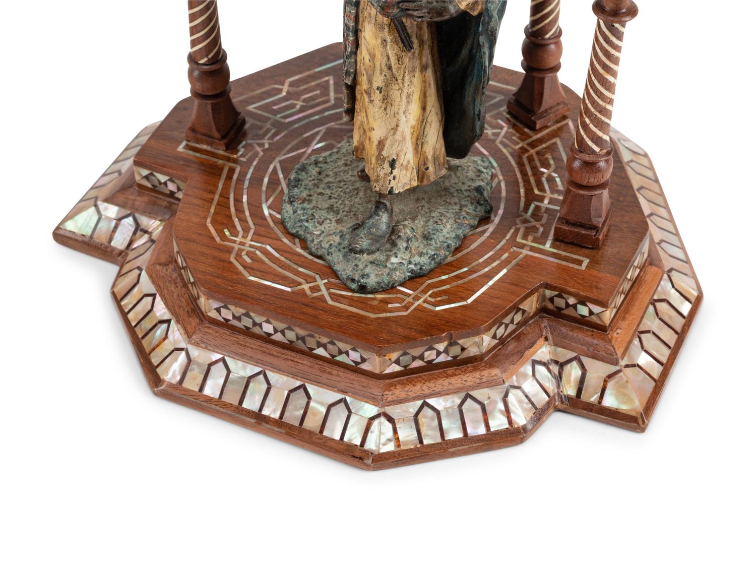 A Pair of Levantine Marquetry and Mother-of-Pearl Inlaid Architectural Models with Austrian Cold-Painted Bronze Figures