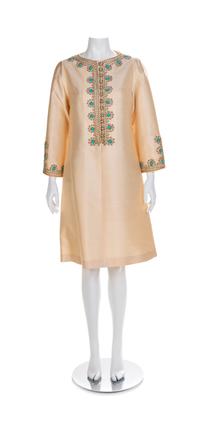 I. Magnin Ivory Dress with Rope Trim and Turqoise Beads, 1960s No size label