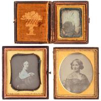 [EARLY PHOTOGRAPHY - PORTRAITURE]. A group of 9 daguerreotypes of folk art portraits featuring women, including: