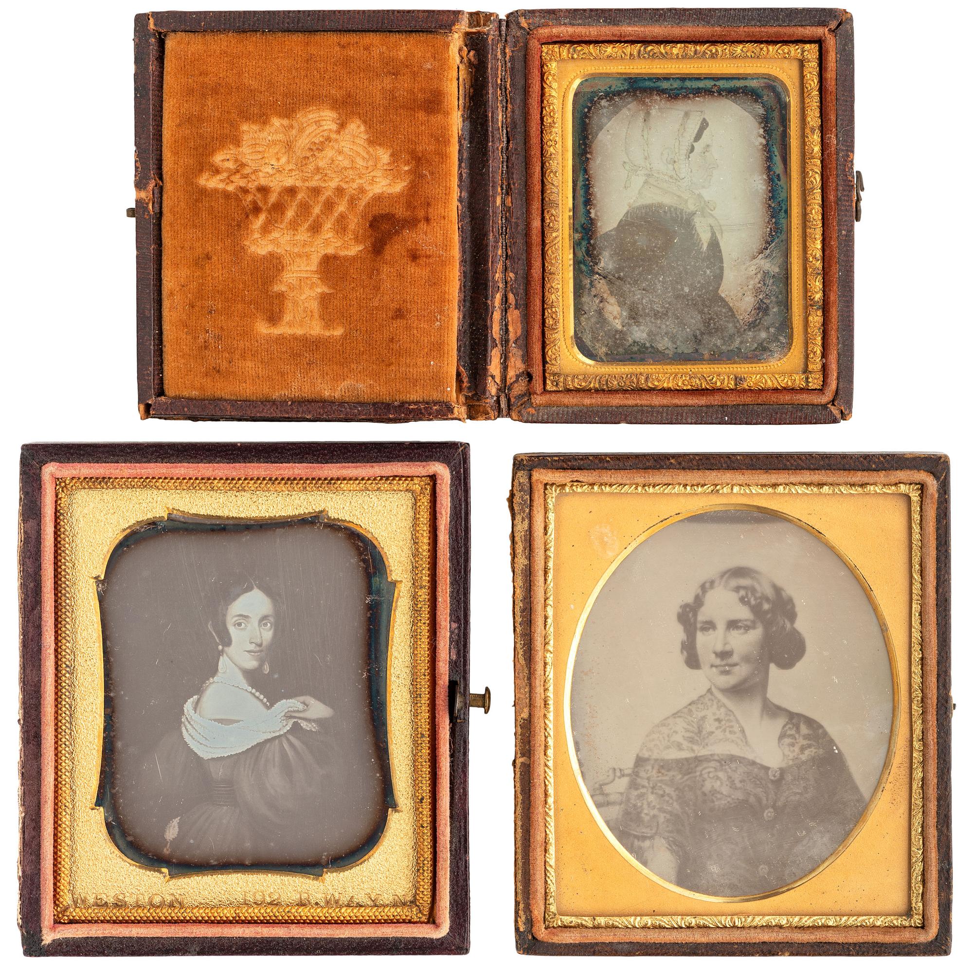 [EARLY PHOTOGRAPHY - PORTRAITURE]. A group of 9 daguerreotypes of folk art portraits featuring women, including: