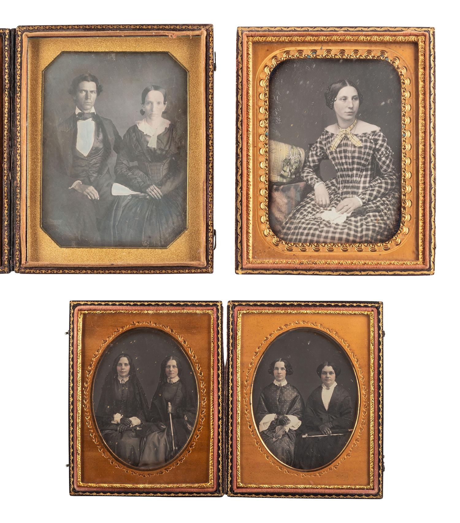 [EARLY PHOTOGRAPHY]. A group of 13 daguerreotype portraits of women holding fans and parasols, highlighted by two half plate examples, including: