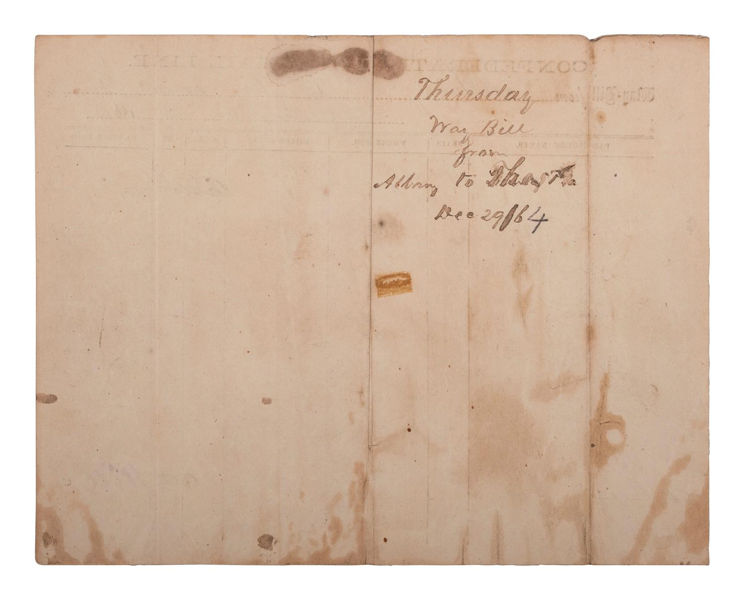 [AFRICAN AMERICANA] -- [CIVIL WAR]. Confederate States Mail Line waybill detailing a coach and its passengers, including enslaved persons "Glenn," "Griffin," and "Boutcher." 29 December 1864.