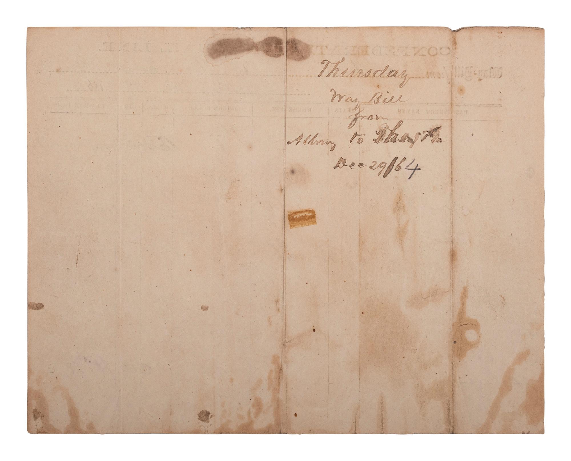 [AFRICAN AMERICANA] -- [CIVIL WAR]. Confederate States Mail Line waybill detailing a coach and its passengers, including enslaved persons "Glenn," "Griffin," and "Boutcher." 29 December 1864.