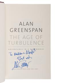 ECONOMICS GREENSPAN, Alan. The Age of Turbulence . 2007. FIRST EDITION. INSCRIBED BY GREENSPAN TO SECRETARY ALIBRGHT.