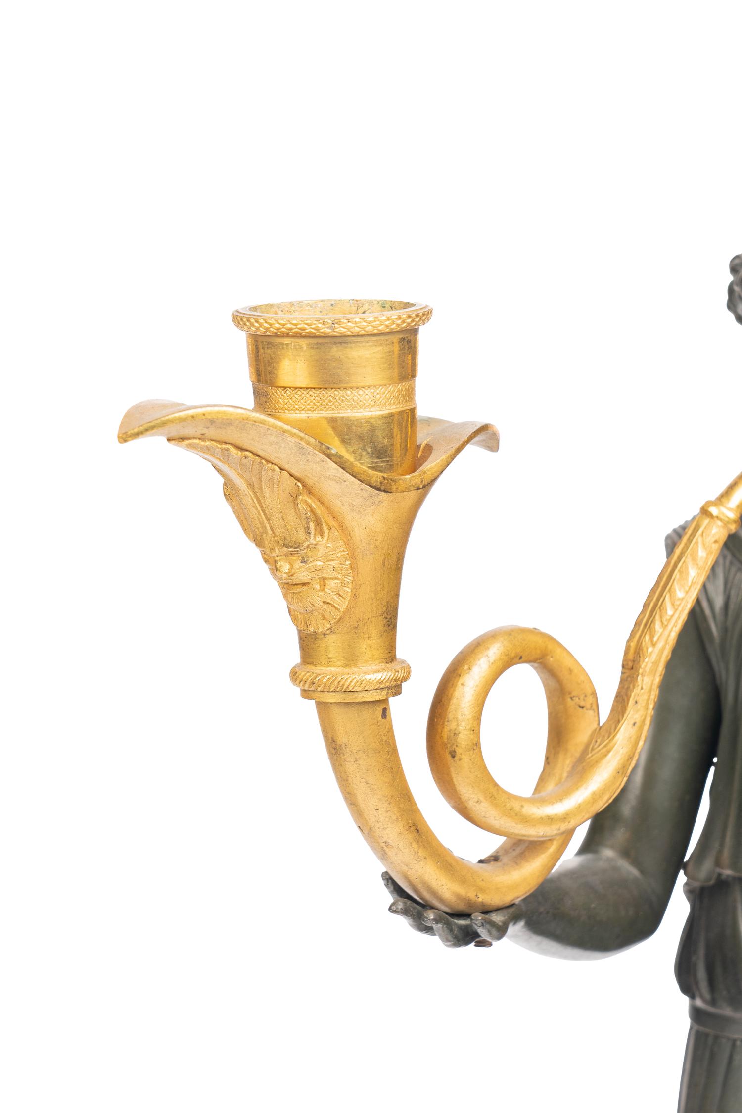 A Pair of Empire Gilt and Patinated Bronze Three-Light Candelabra