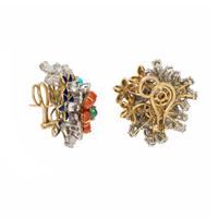 BICOLOR GOLD, DIAMOND, AND MULTIGEM FLOWER EARRINGS