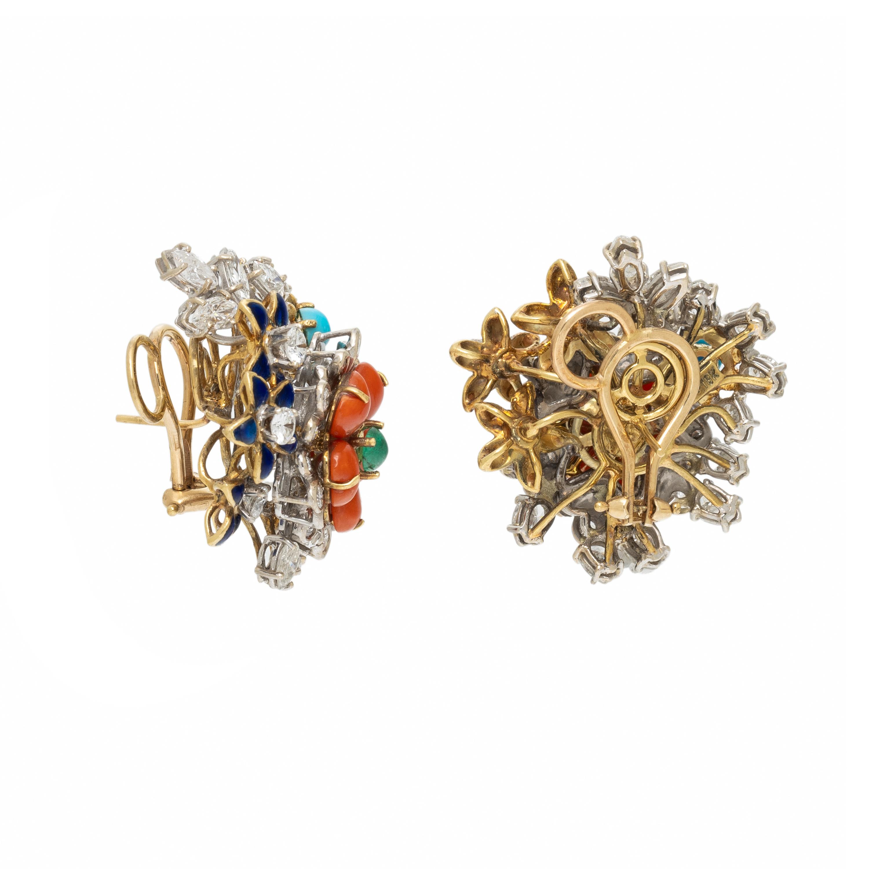 BICOLOR GOLD, DIAMOND, AND MULTIGEM FLOWER EARRINGS