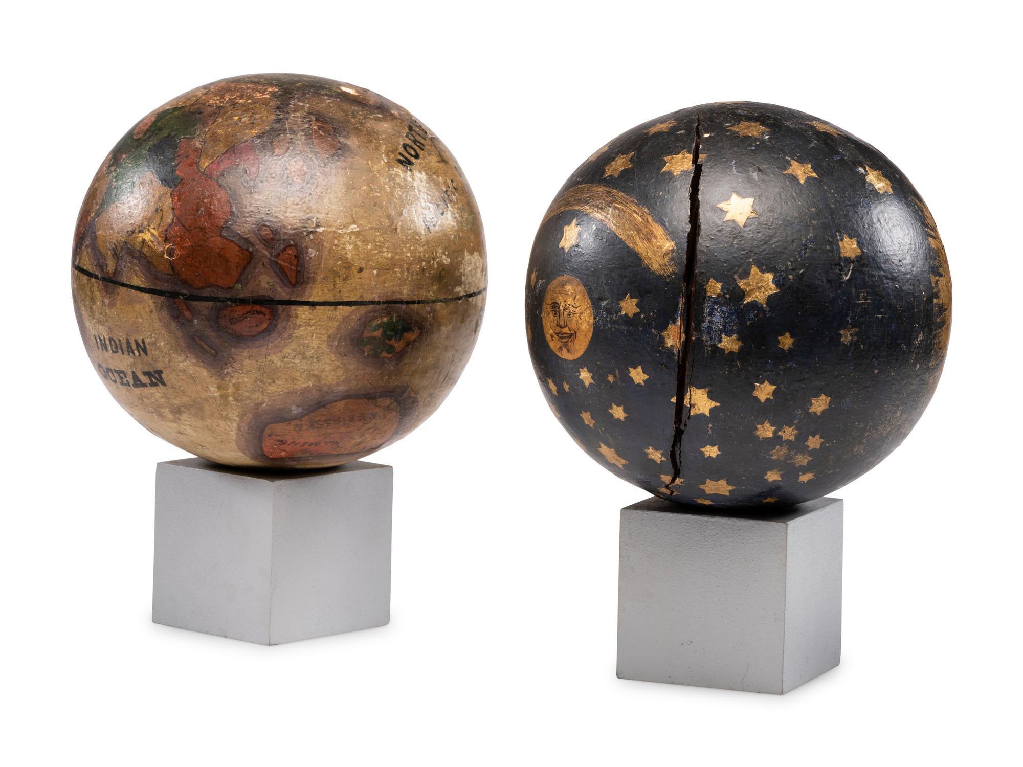 A Pair of Painted Wood Masonic Terrestrial and Celestial Globes on Stands