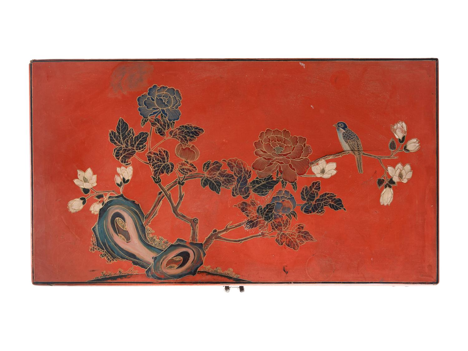 A Chinese Painted and Red Lacquered Chest