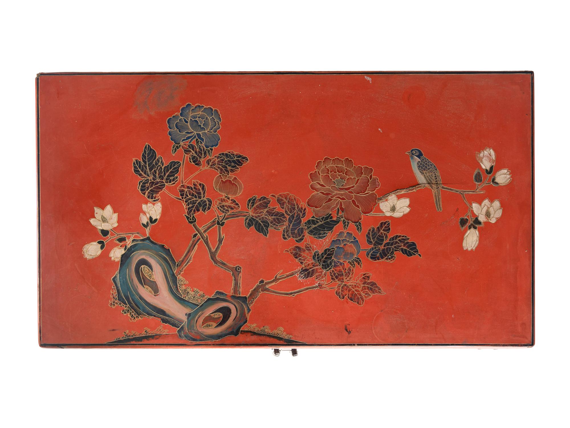 A Chinese Painted and Red Lacquered Chest