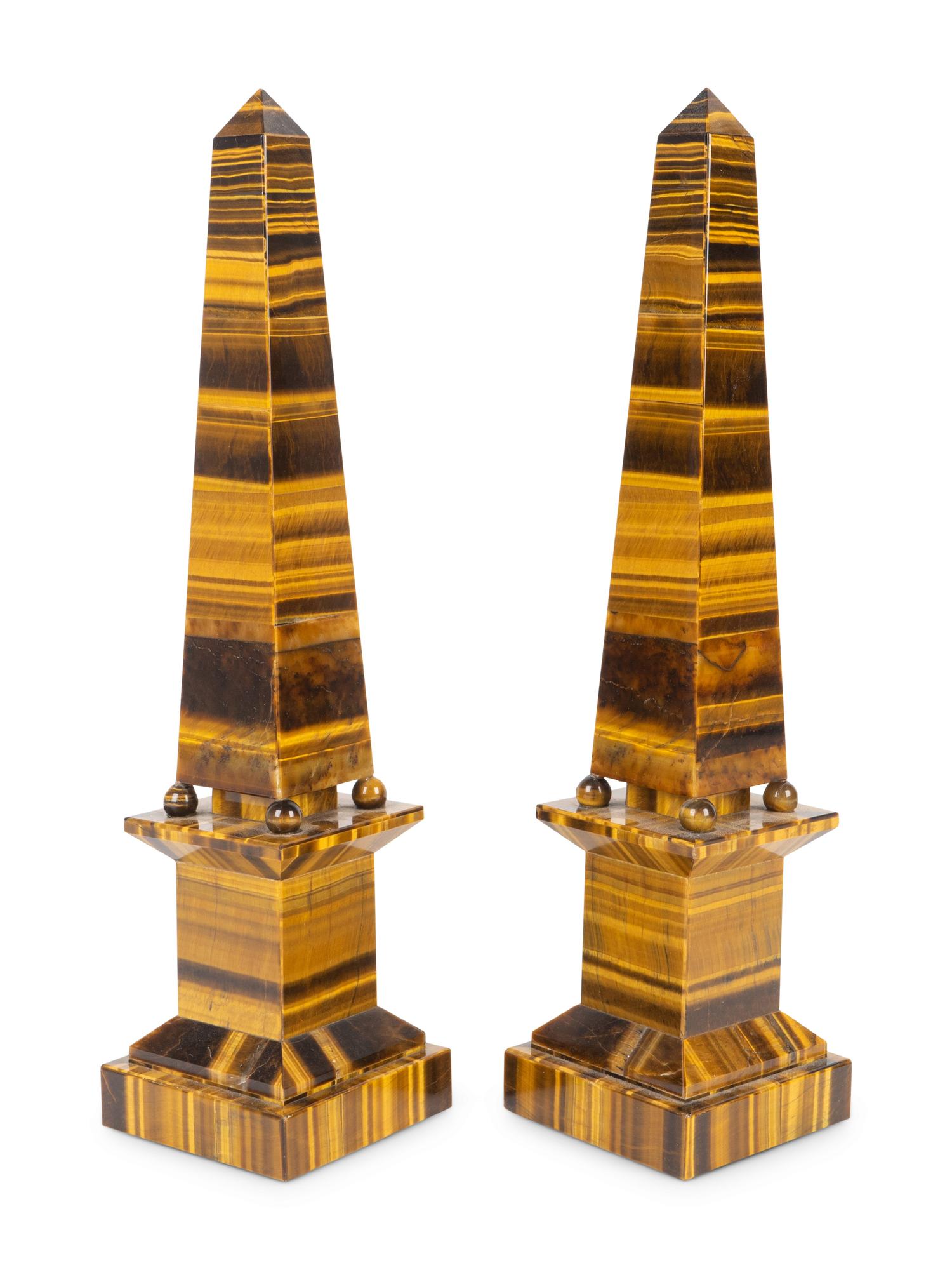 A Pair of Tiger's Eye Agate Veneer Obelisks by Raffaello Romanelli, Florence — 20TH CENTURY