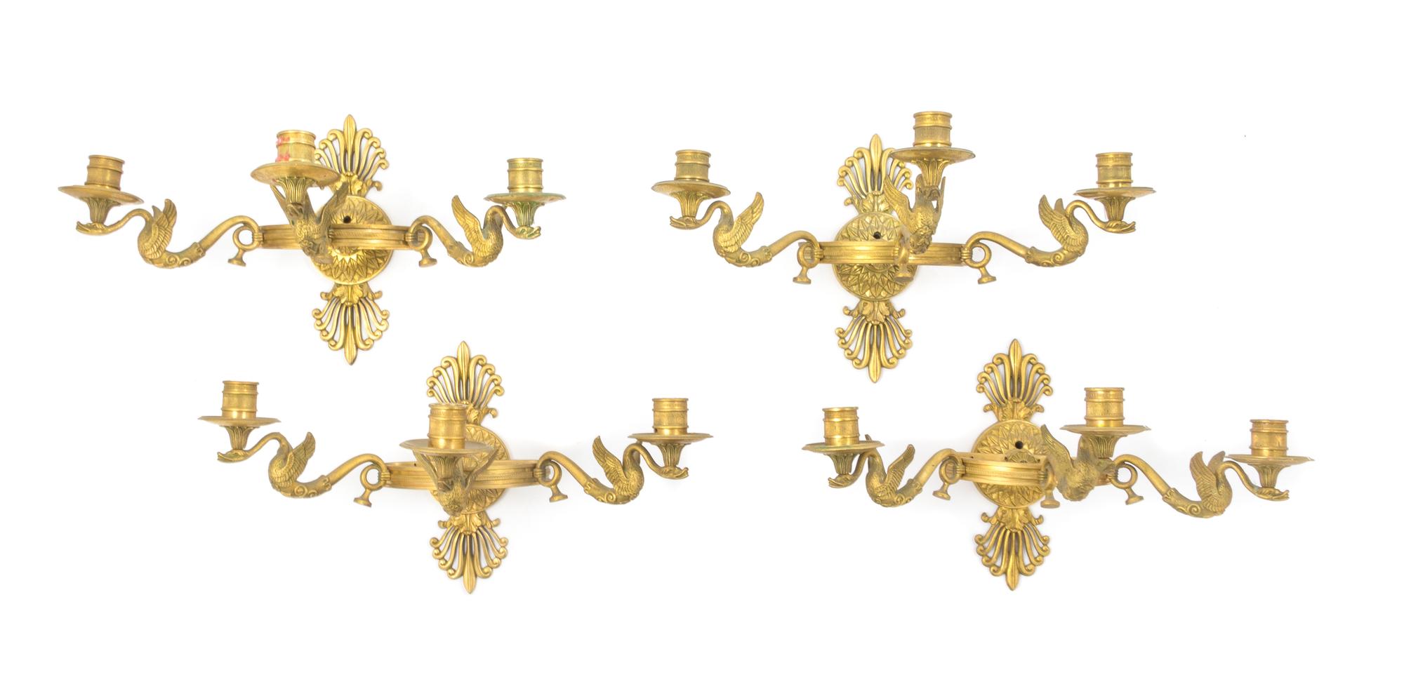 A Set of Four Empire Gilt Bronze Three-Light Wall Lights Height 8 1/2 inches. — 19TH CENTURY
