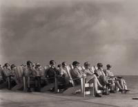[OPERATION GREENHOUSE - DOG TEST]. Photograph of VIP observers lit up by the light of an atomic bomb on Enewetak Atoll 1951 (but printed 2009).