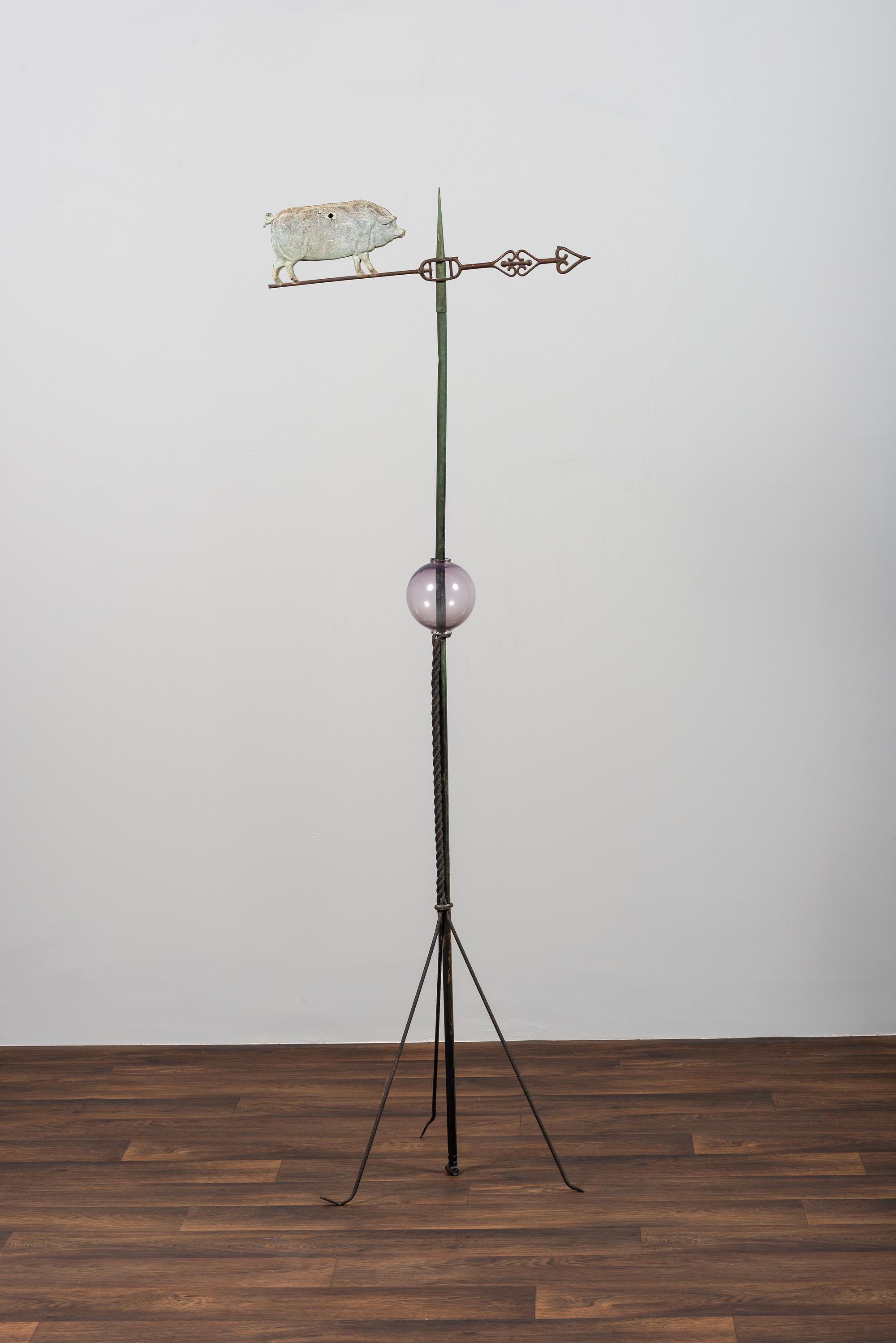 A Molded Copper Pig and Arrow Weathervane on Stand