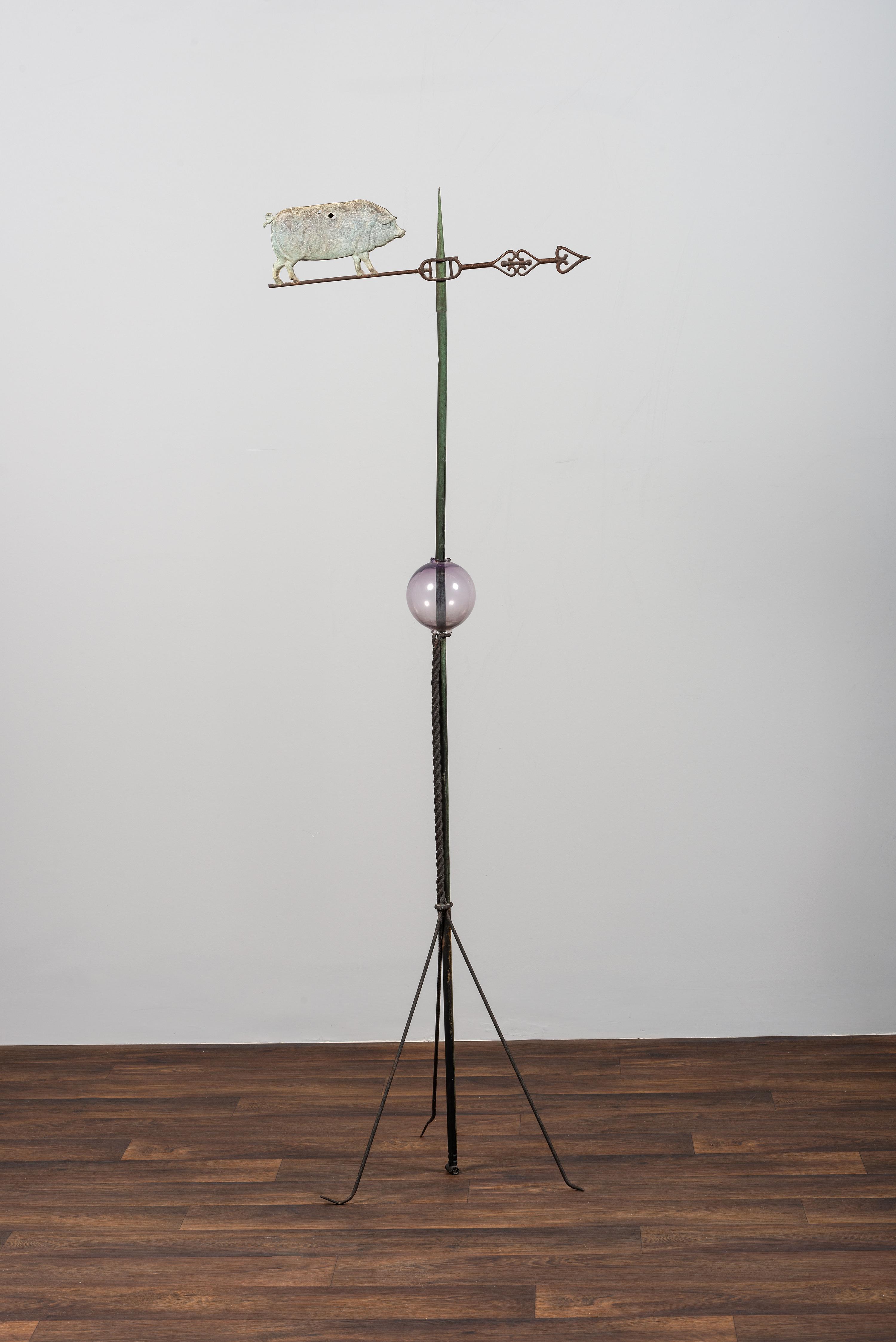 A Molded Copper Pig and Arrow Weathervane on Stand