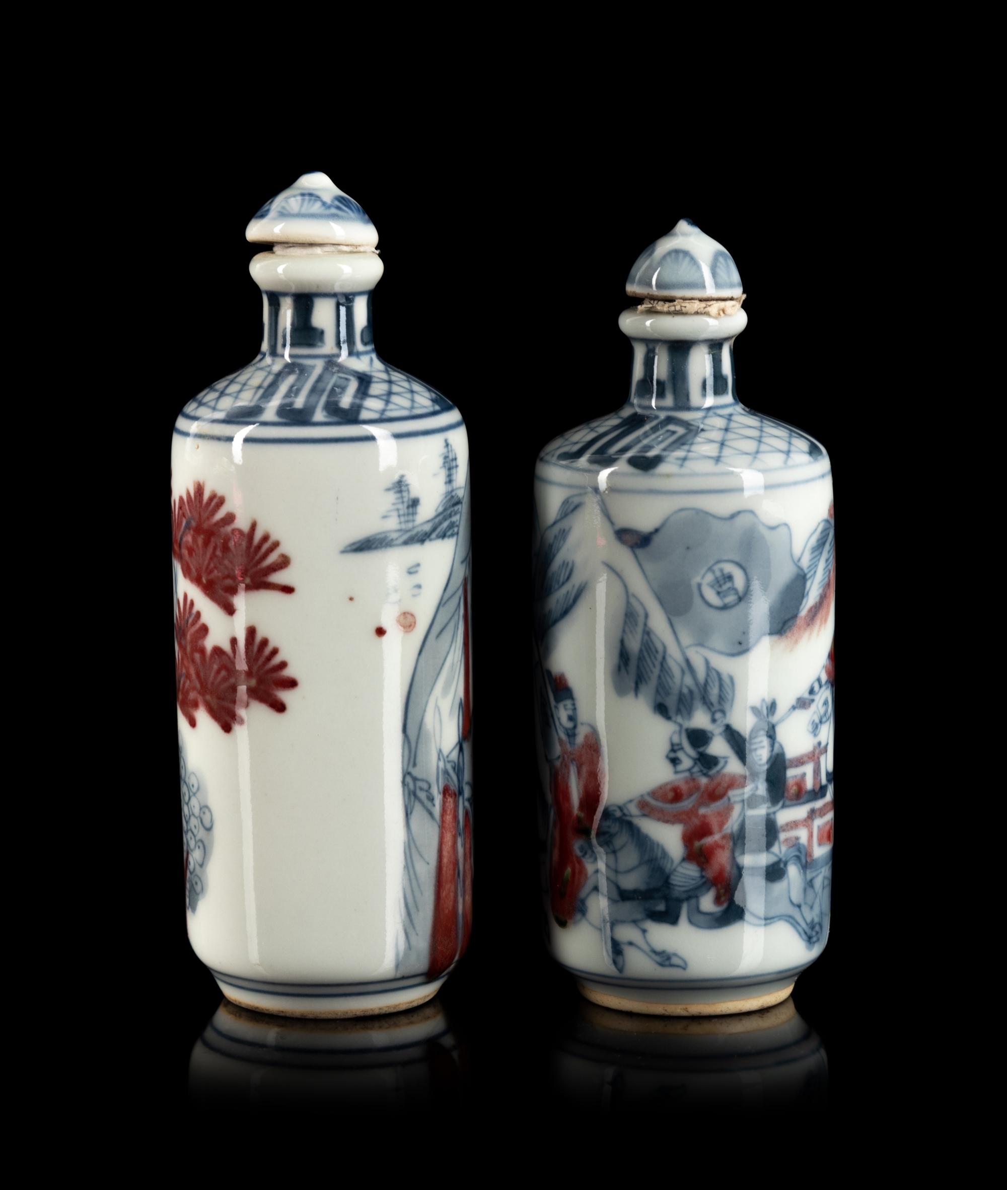A Pair of Chinese Copper Red and Underglaze Blue Porcelain Snuff Bottles