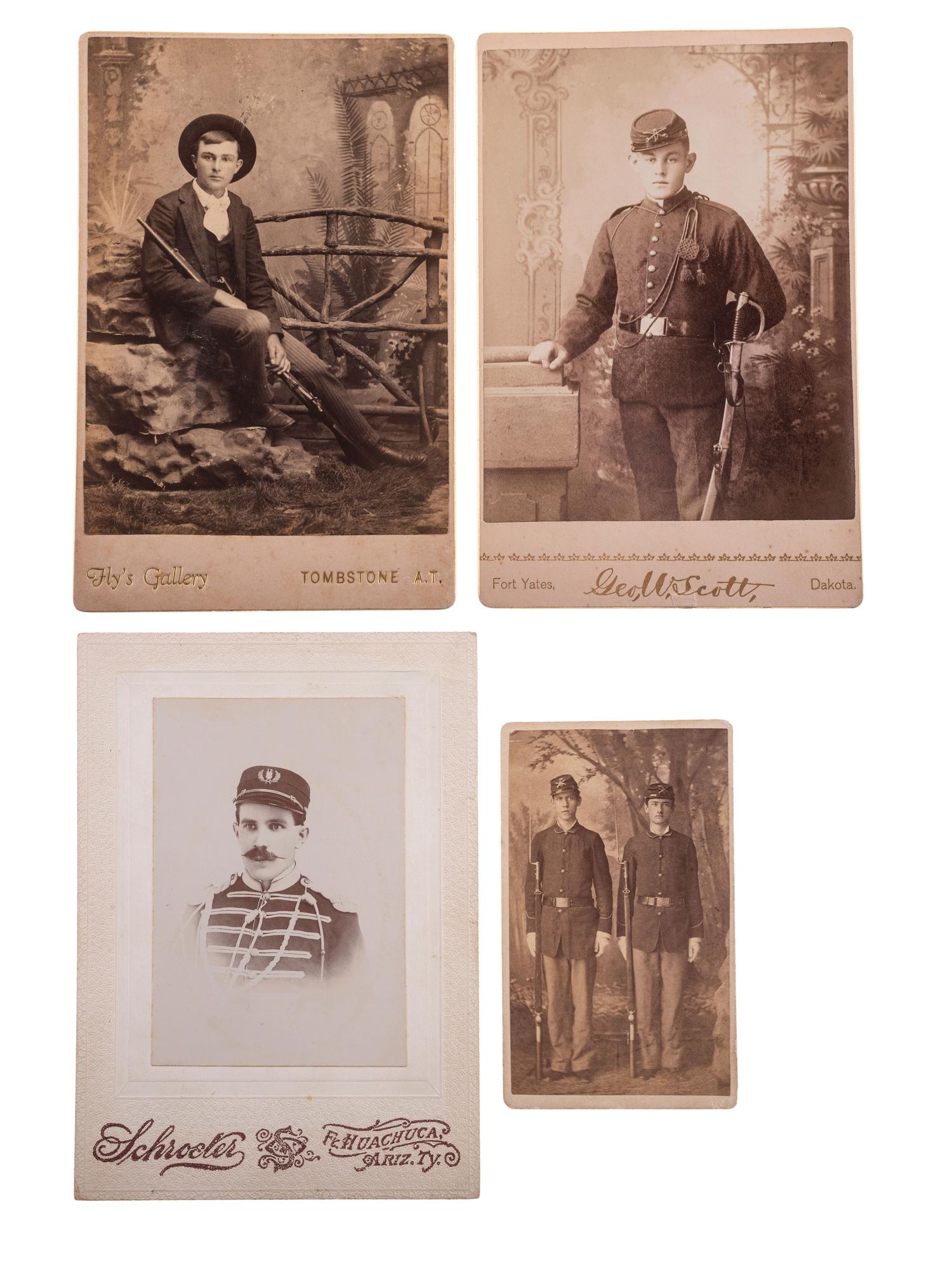 [INDIAN WARS] -- [WESTERN AMERICANA]. A group of 4 photographs of Indian Wars-era soldiers and a civilian, many armed, incl. images by C.S. Fly, George W. Scott, and John Choate.