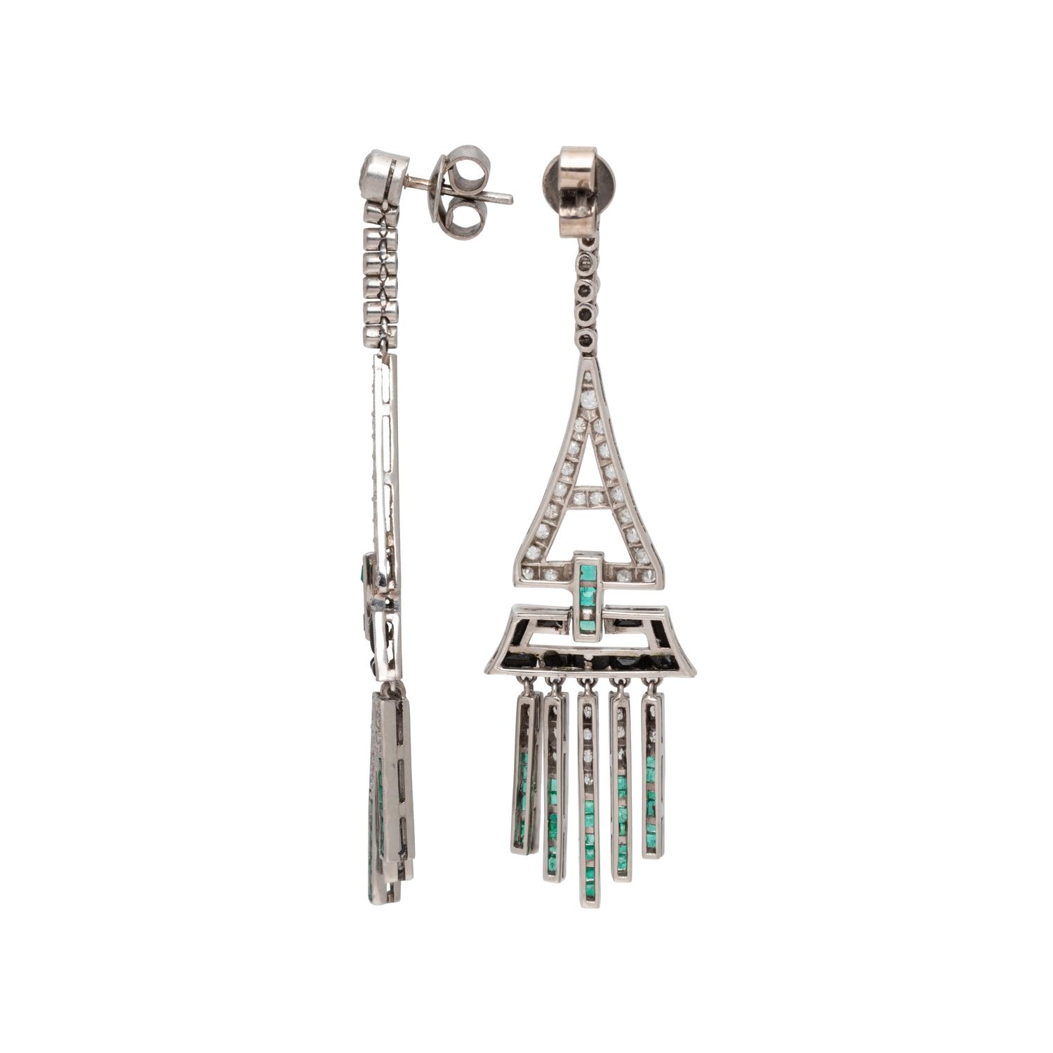 DIAMOND, EMERALD AND ONYX EARRINGS