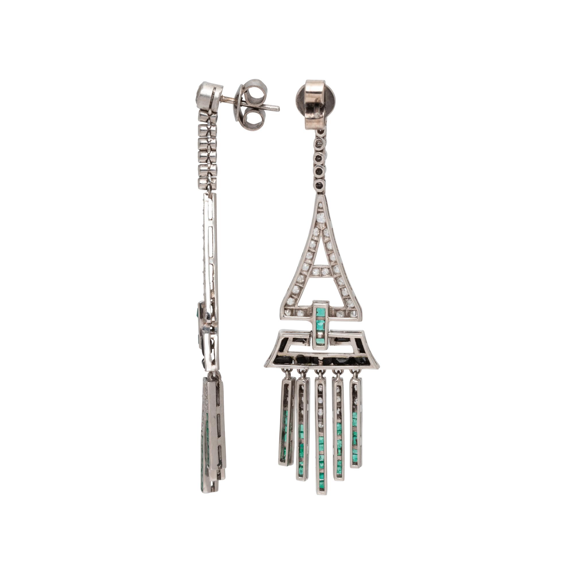 DIAMOND, EMERALD AND ONYX EARRINGS