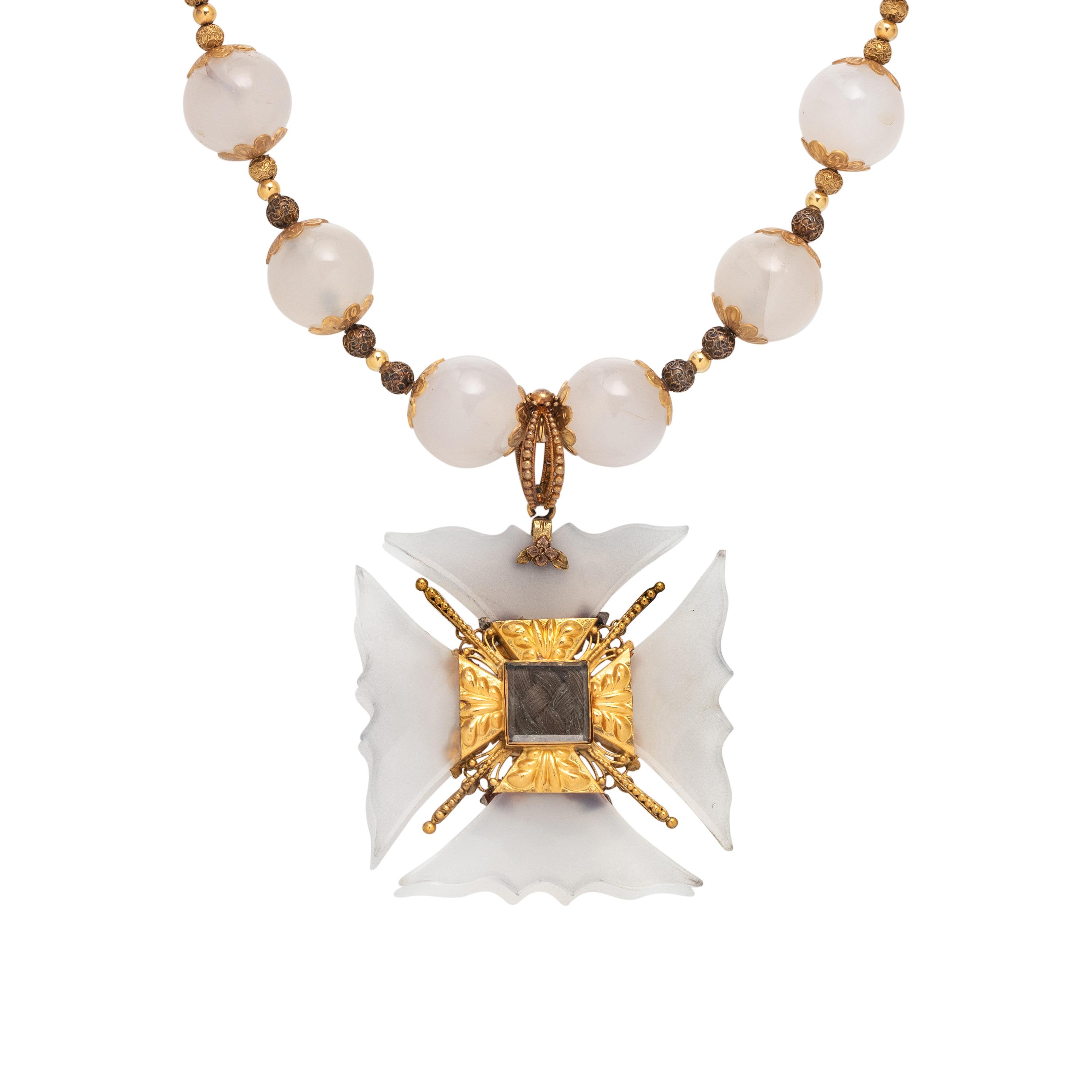 GEORGIAN, YELLOW GOLD AND CHALCEDONY MALTESE CROSS NECKLACE
