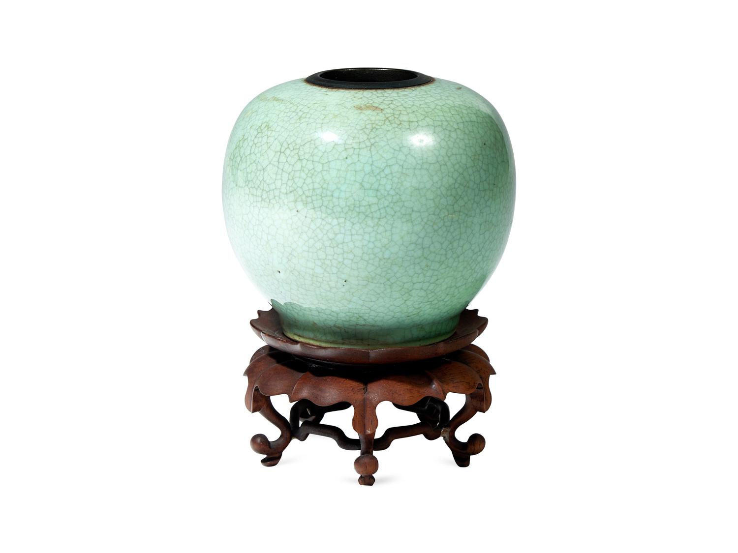 A Small Chinese Pale Green Crackled Glaze Ovoid Jar, Kangxi Period