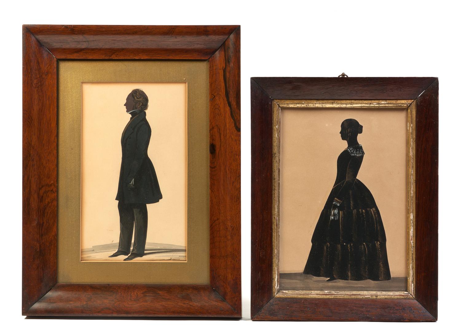 Two Full Length Cut and Paste Silhouettes, Hubbard Gallery, Height of taller frame 15 3/4 x width 11 7/8 inches.