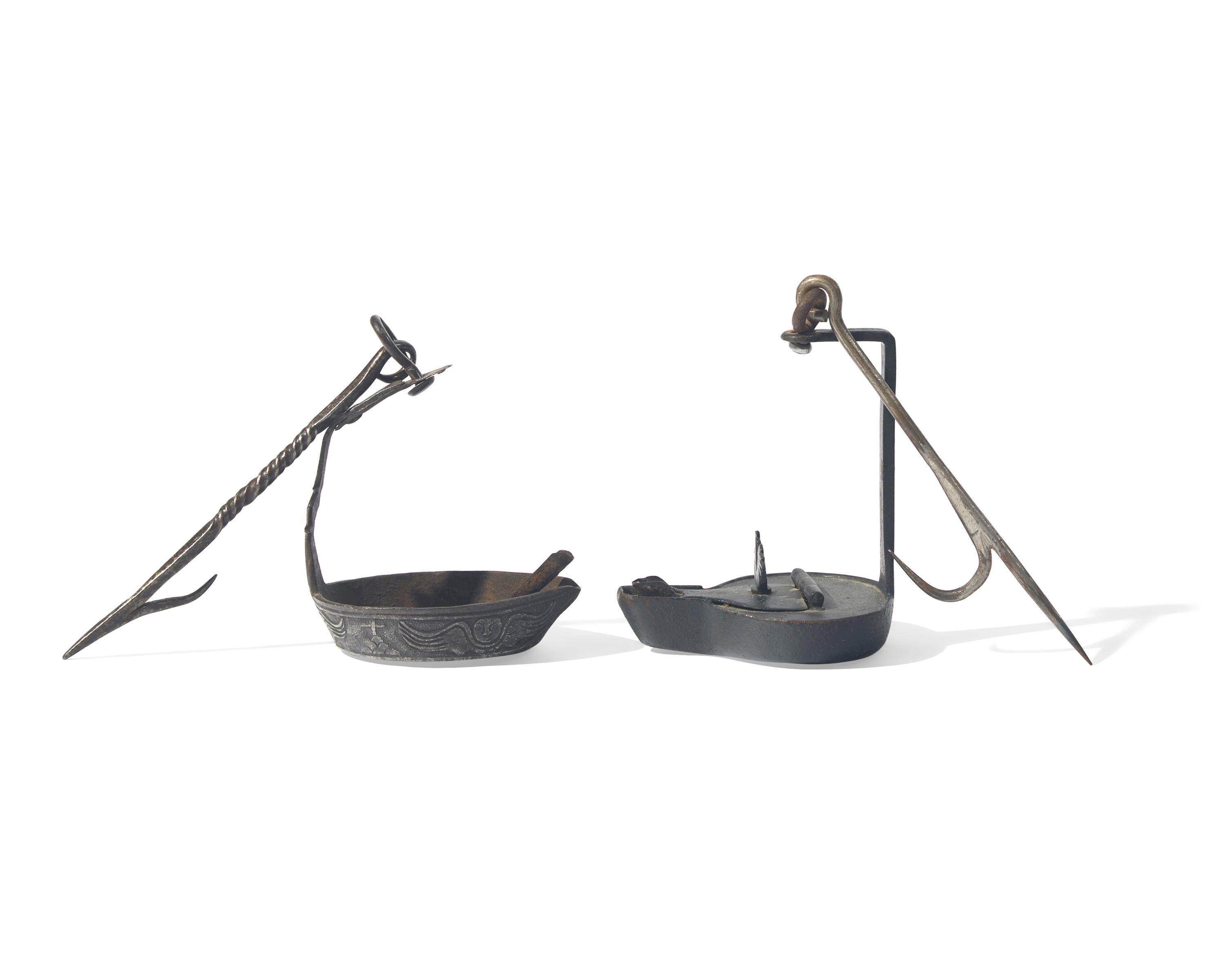 Two Wrought Iron Fat Lamps, American and European, 18th Century