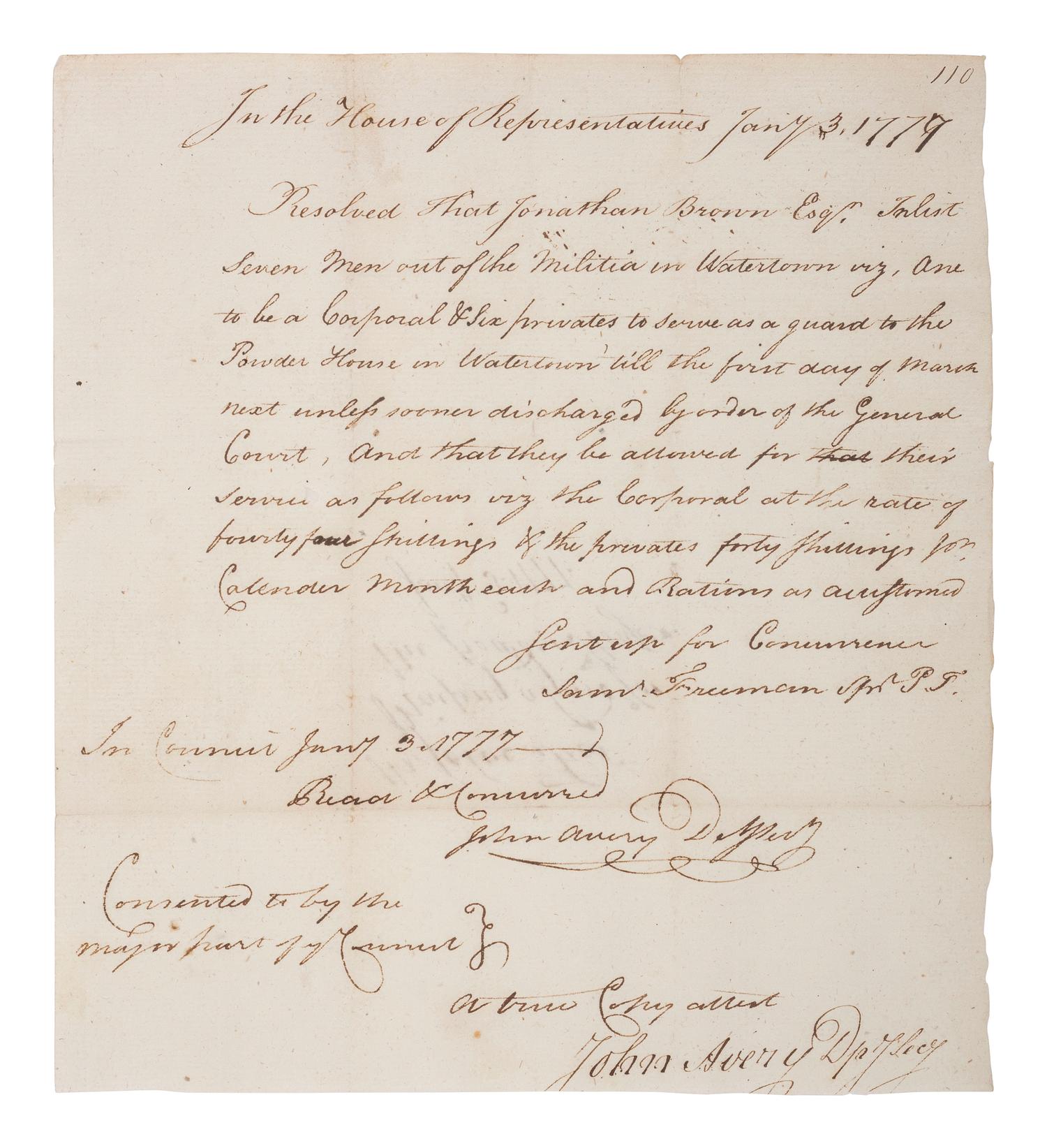 [REVOLUTIONARY WAR]. AVERY, Jr. John (1739-1806). "Resolve for Raising a Gard [ sic ] for the Powder House," signed ("John Avery Dpy Secy") as Deputy Secretary of the Province of Massachusetts. "In the House of Representatives," 3 January 1777.