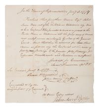 [REVOLUTIONARY WAR]. AVERY, Jr. John (1739-1806). "Resolve for Raising a Gard [ sic ] for the Powder House," signed ("John Avery Dpy Secy") as Deputy Secretary of the Province of Massachusetts. "In the House of Representatives," 3 January 1777.