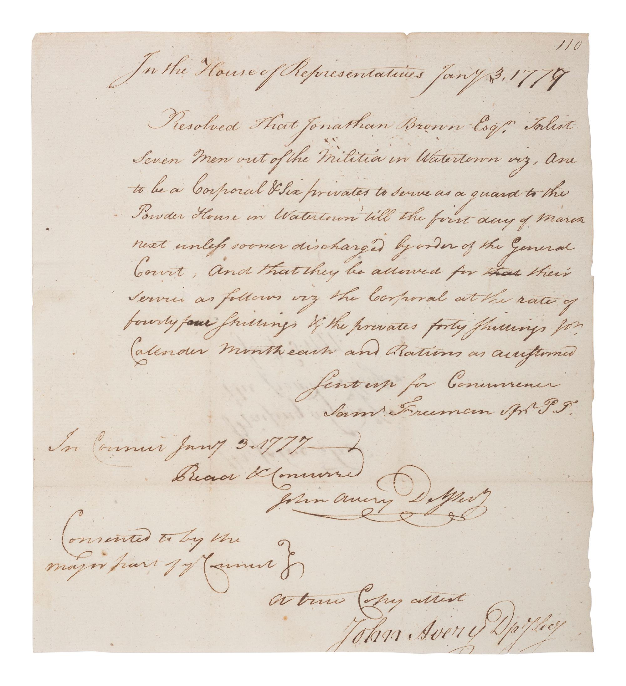 [REVOLUTIONARY WAR]. AVERY, Jr. John (1739-1806). "Resolve for Raising a Gard [ sic ] for the Powder House," signed ("John Avery Dpy Secy") as Deputy Secretary of the Province of Massachusetts. "In the House of Representatives," 3 January 1777.