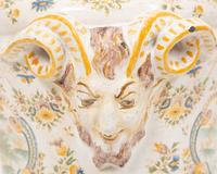 A Large Majolica Covered Urn with Horned Satyr Mask Handles