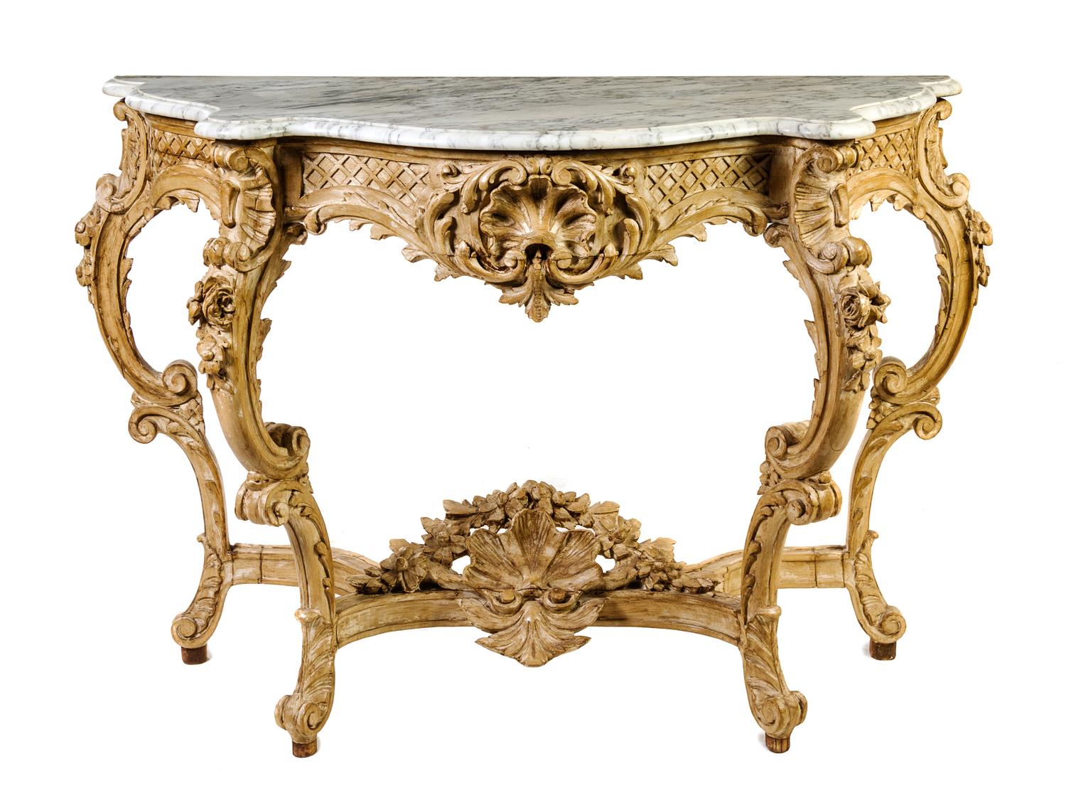 A Louis XV Style Cerused Wood Console Table Height 36 x width 54 1/4 x depth 20 inches. — LATE 19TH/EARLY 20TH CENTURY